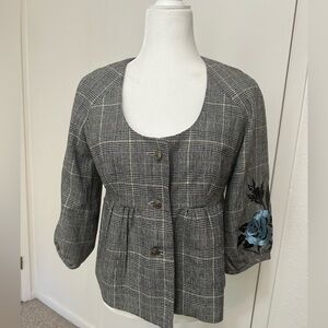 Live a Little Rose Embroidered Gold Metallic Plaid Peplum Wool Jacket S